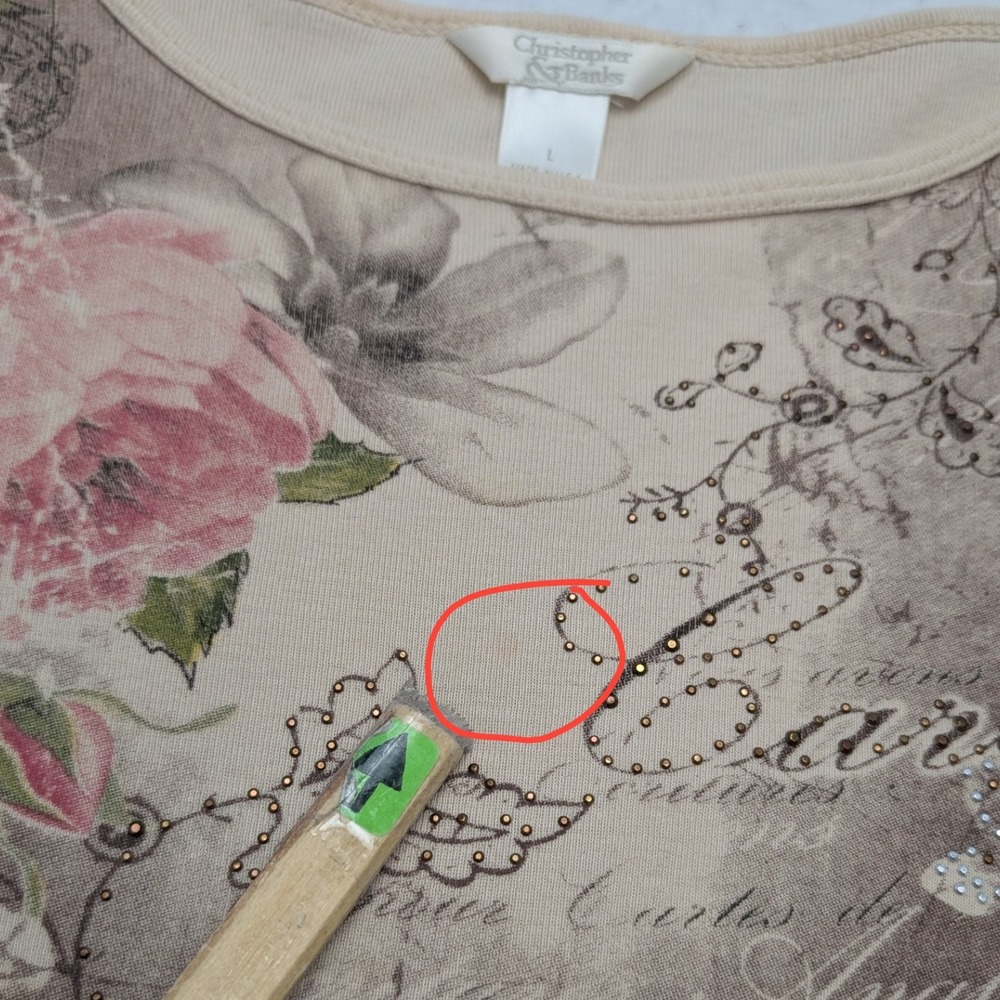 Vintage Christopher & Banks Floral Script Top Women L Beige 3/4 Sleeve Studded - Picture 4 of 9